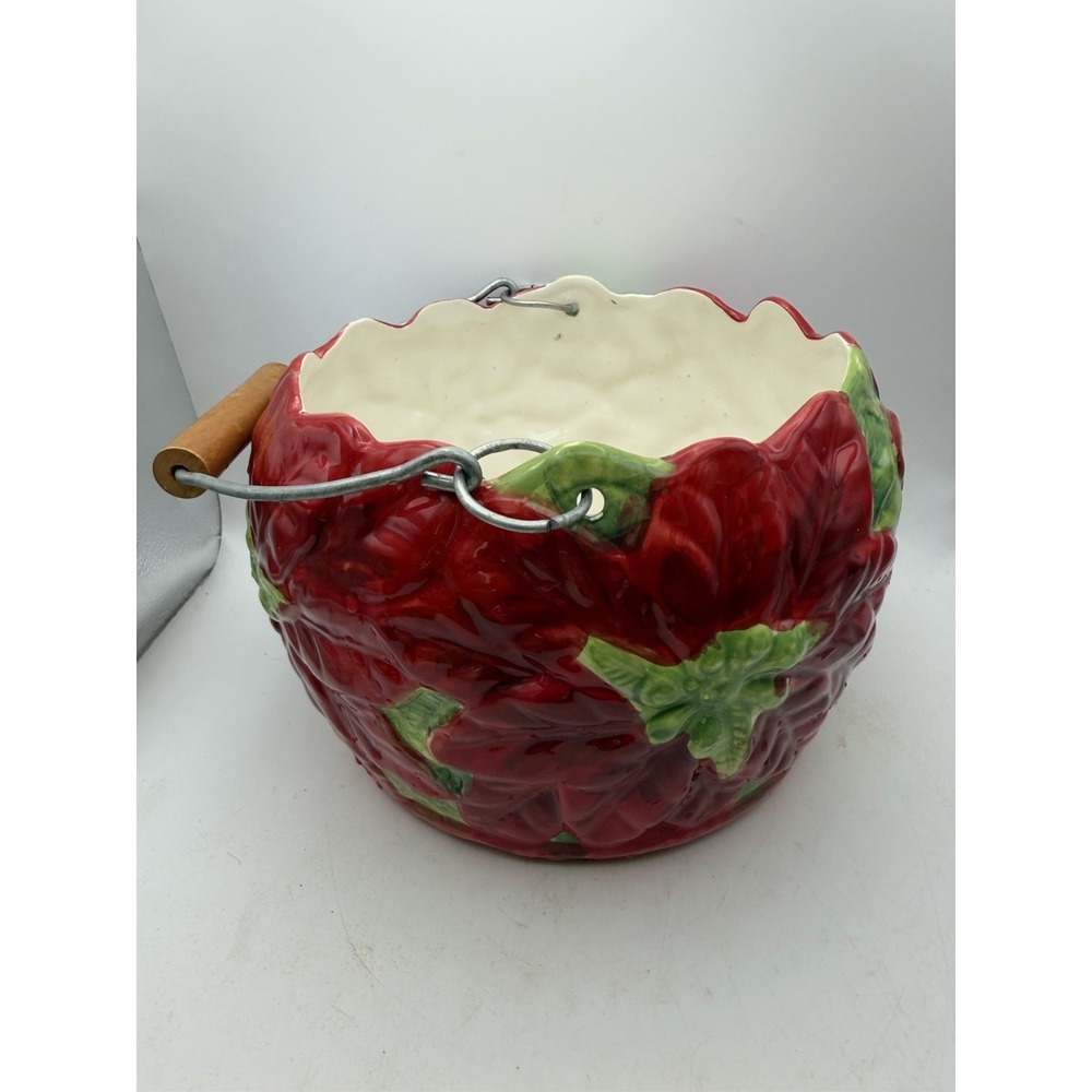 Maxcera Poinsettia Ceramic Basket Bowl Metal Wood Handle Christmas 8.5"